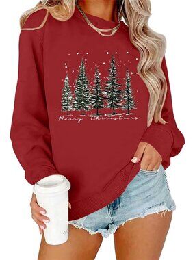 Dark Red Small Christmas Sweatshirt for Women - Festive Xmas Tree Pullover